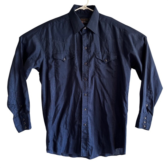 Panhandle Slim Other - Vtg Panhandle Slim Mens Western Shirt Cowboy Navy Blue Pearl Snap 16.5 x 35 USA